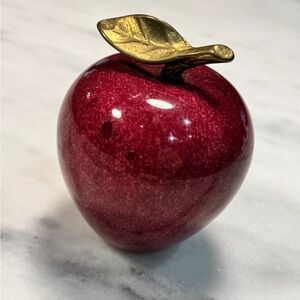 Vintage marble red apple paperweight  Red Alabaster apple with Brass Stem